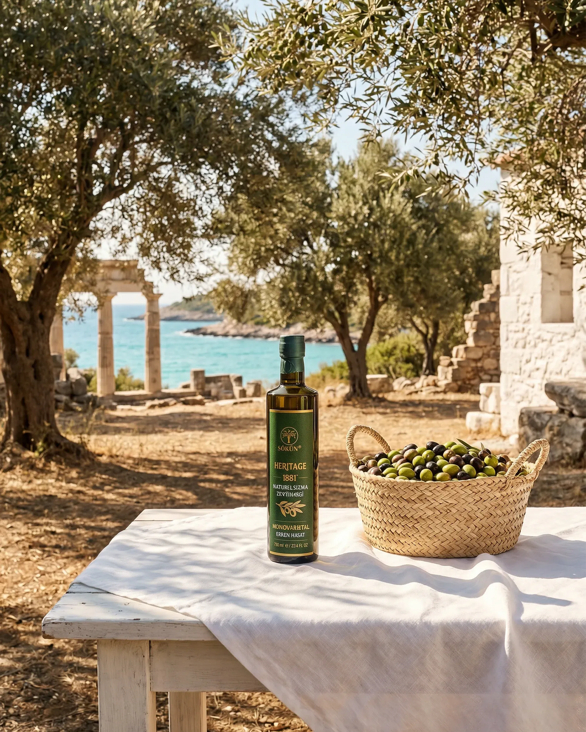 A single bottle and a basket of olives on a white table in a coastal grove