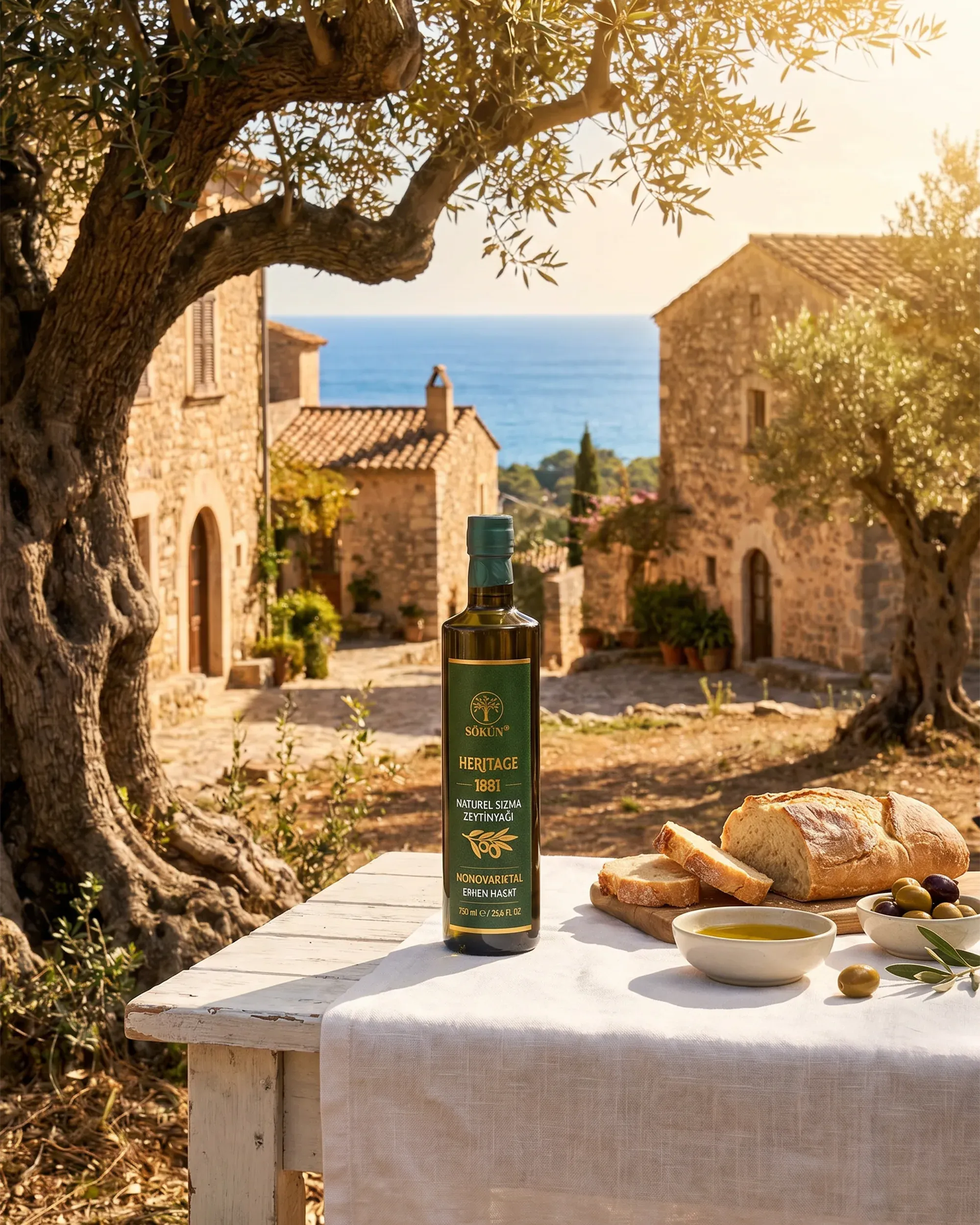 A bottle with bread and a dish of oil on a table under an olive tree
