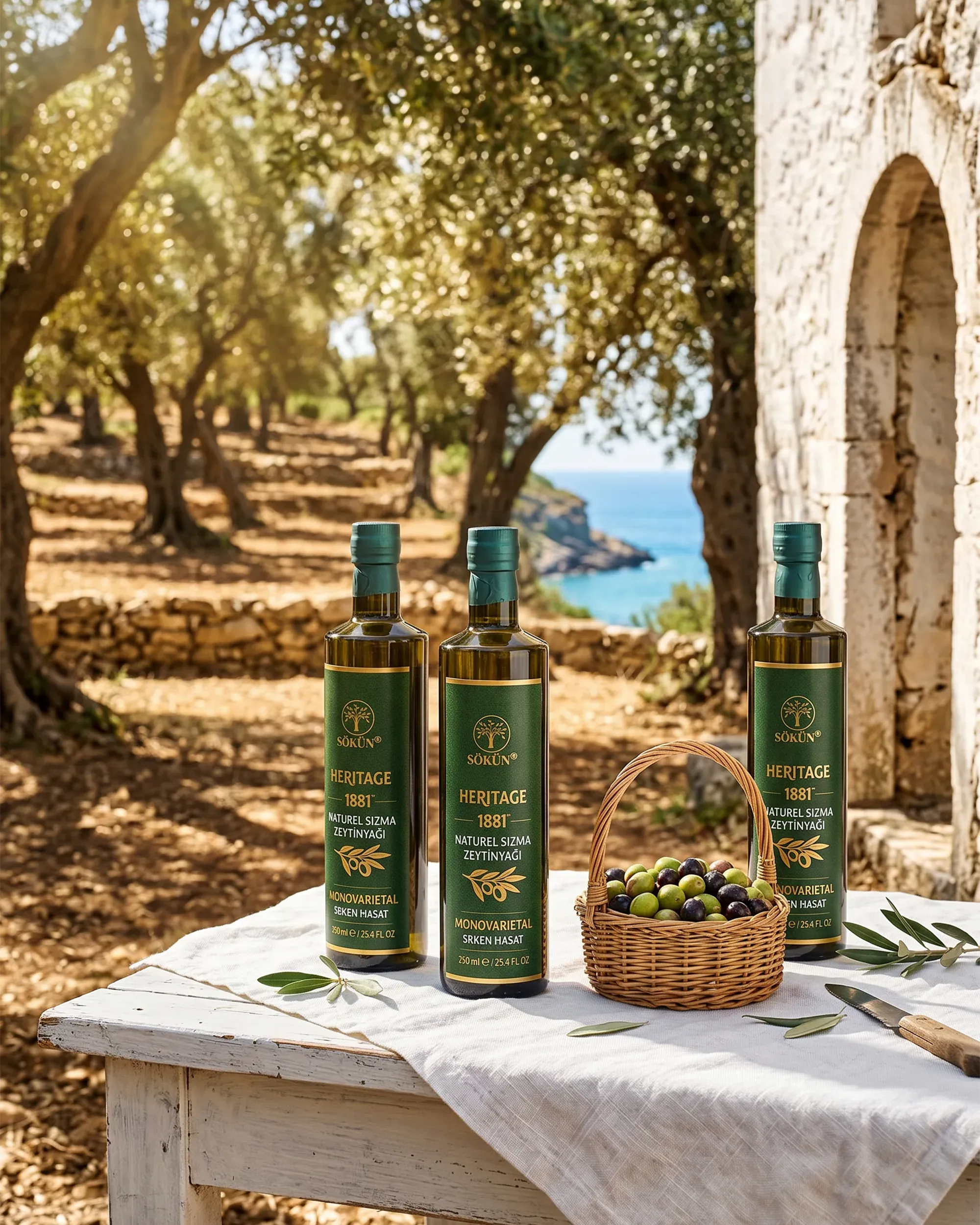 Bottles and a basket of olives on a table in a grove above the sea