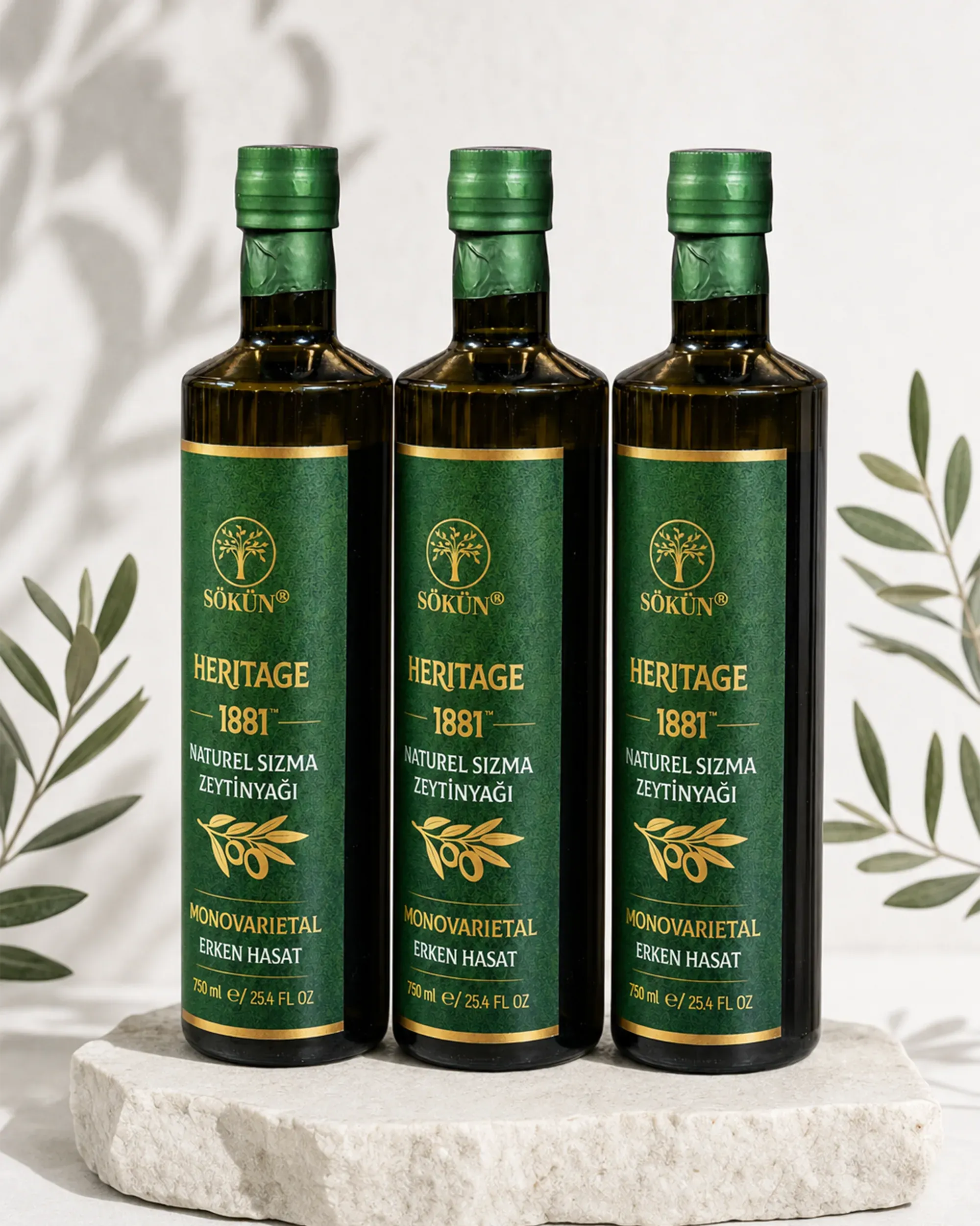 Three bottles photographed straight on against a pale wall